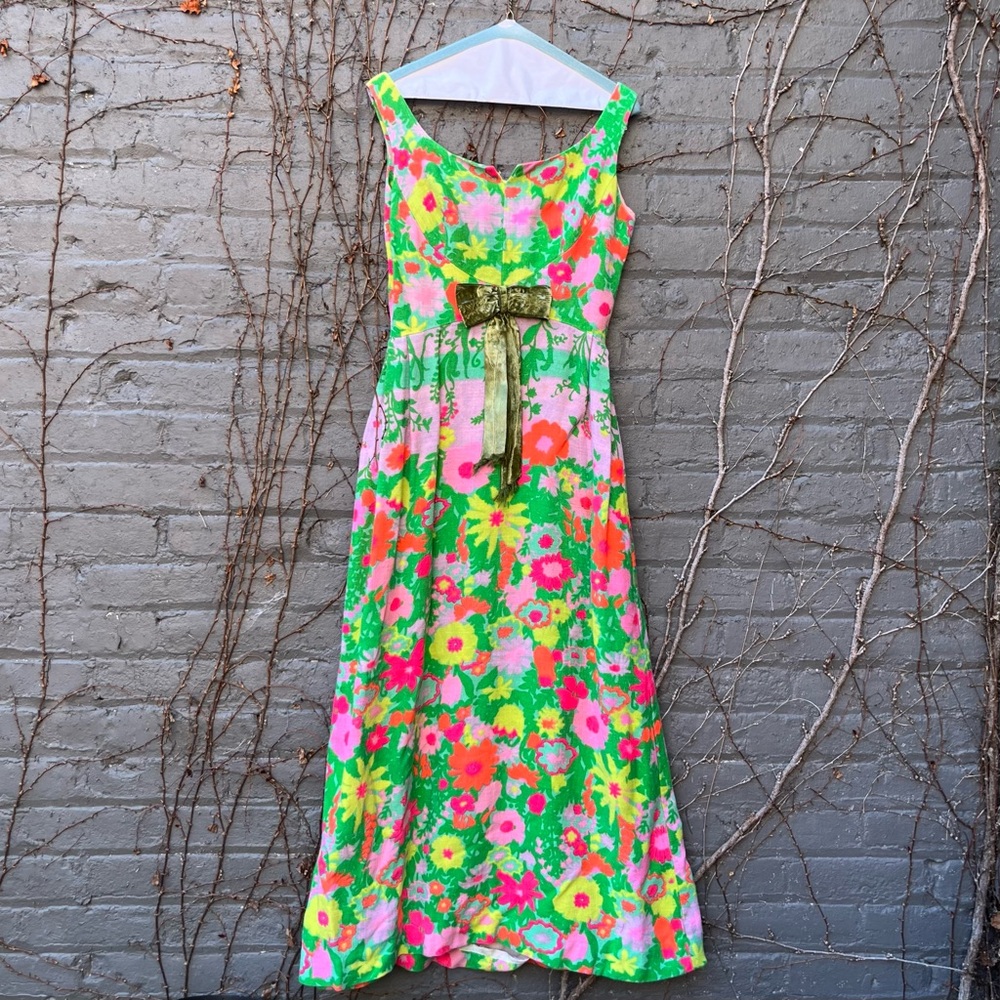 1960s Mod Floral Linen Maxi Dress with Green Bow/Festival/Bohemian/Folk - Picture 2 of 7